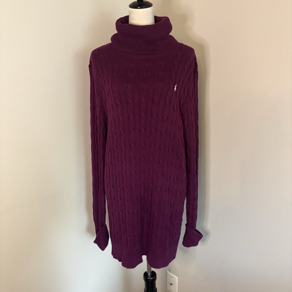 VTG Ralph Lauren Sport Purple Cable Knit Turtleneck Sweater Dress Tunic XL EUC
